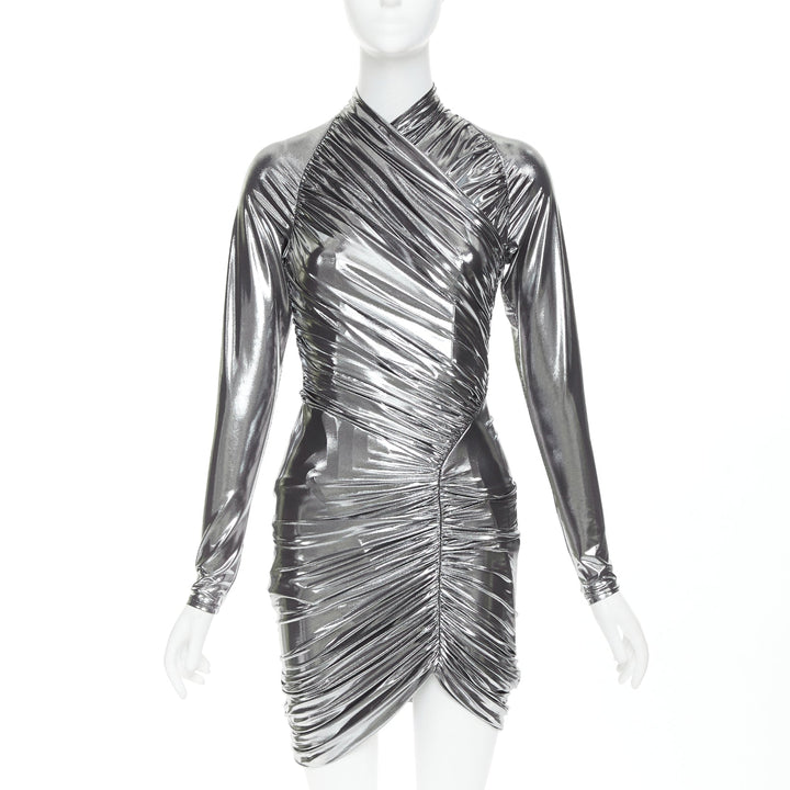 FERRAGAMO Maximilian Davis 2023 Runway metallic silver lame wrapped dress IT40 S
