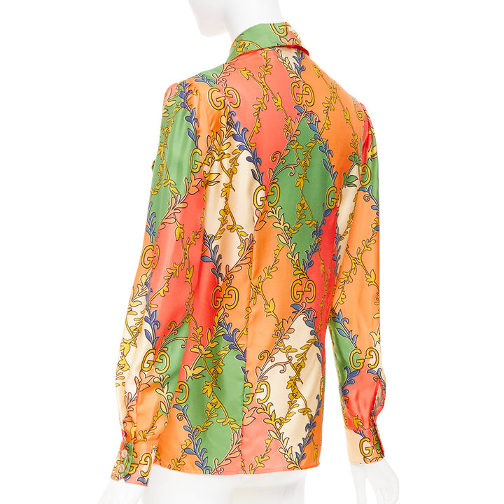 GUCCI 2021 Fluo Barocco orange green  GG Rhombus Ramage silk blouse IT38 XS