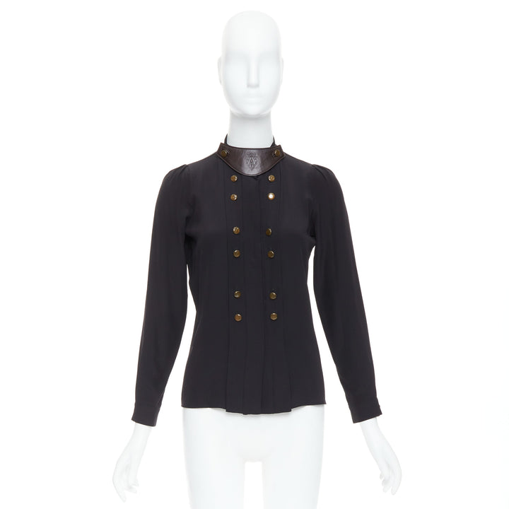 GUCCI 2008 100% silk black leather crest collar double breasted blouse IT38 XS