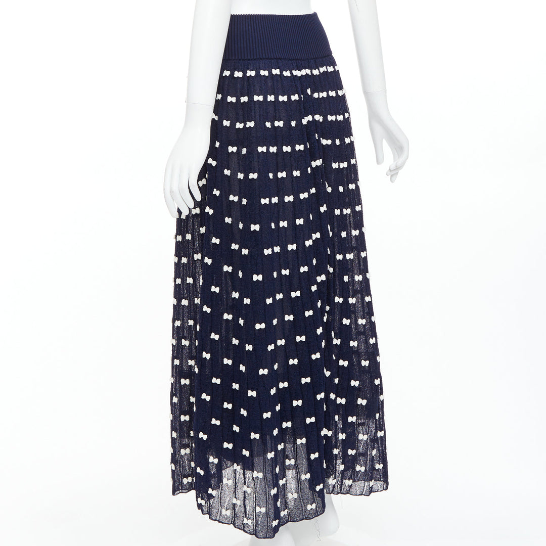 CHANEL 14P Runway navy cream bow applique ribbed waist tulle lined skirt FR36 S