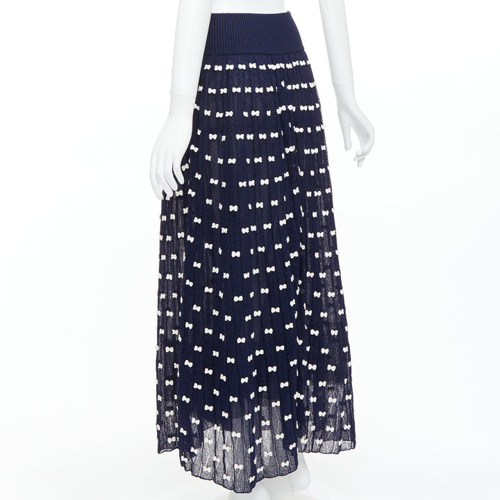 CHANEL 14P Runway navy cream bow applique ribbed waist tulle lined skirt FR36 S