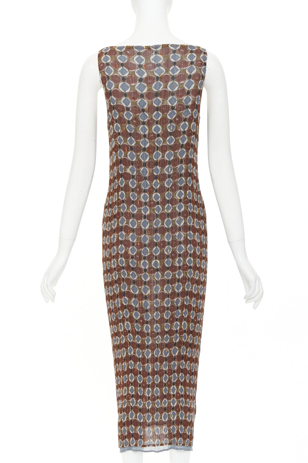 ISSEY MIYAKE Vintage Ajrakh brown blue tile print metallic ruffle pleat dress S
