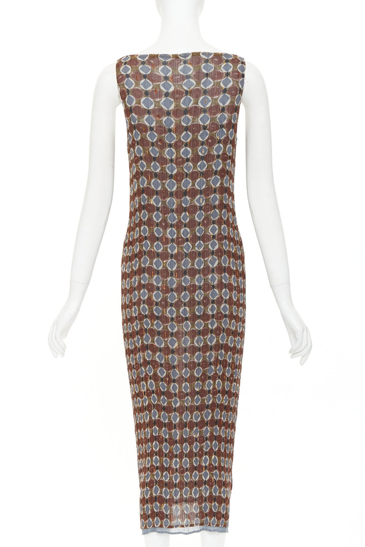 ISSEY MIYAKE Vintage Ajrakh brown blue tile print metallic ruffle pleat dress S