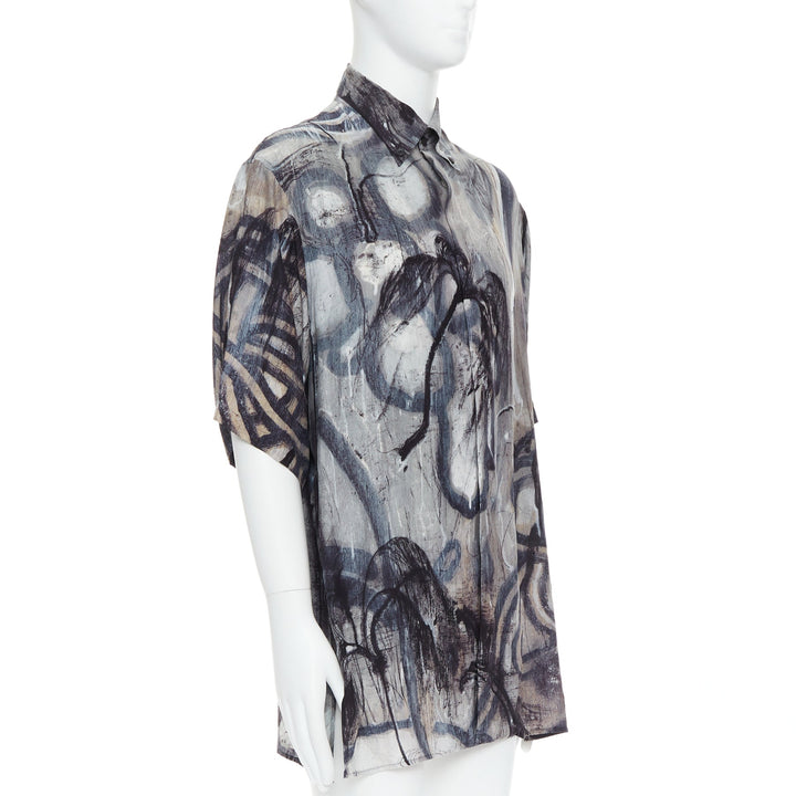 YOHJI YAMAMOTO 100% silk grey beige abstract print relaxed shirt JP2 M