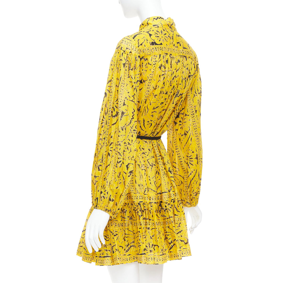 ZIMMERMANN Lulu yellow cotton ethnic print belted tiered mini dress US2 XXS