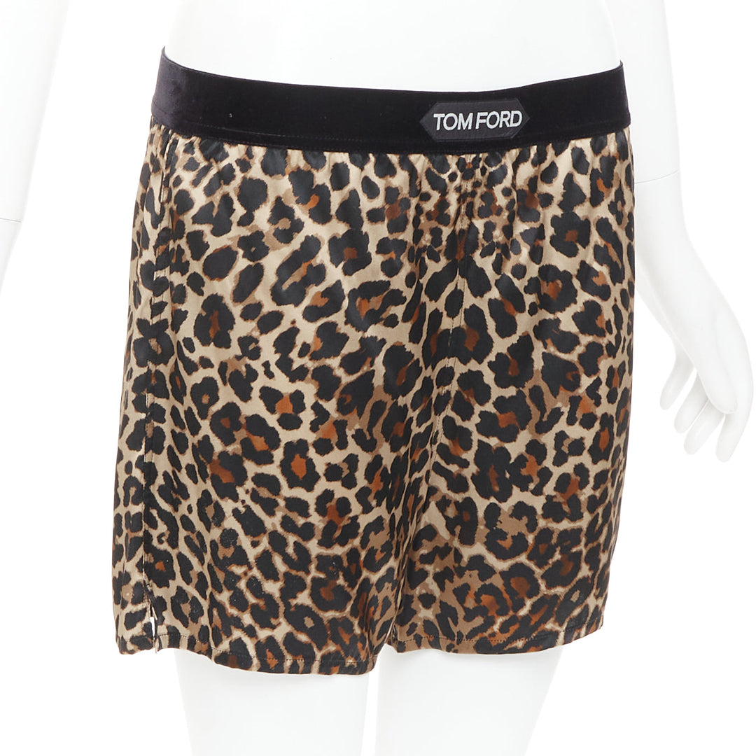 TOM FORD brown silk satin leopard print TF logo velvet trim shorts XS