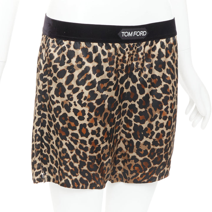 TOM FORD brown silk satin leopard print TF logo velvet trim shorts XS