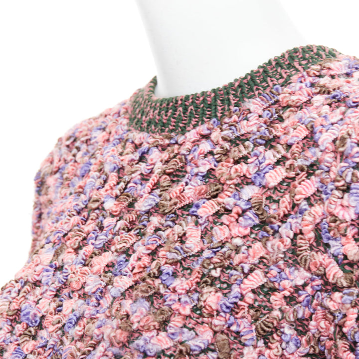 CHANEL 2015 pink green textured boucle knit CC resin crop sweater FR34 XS