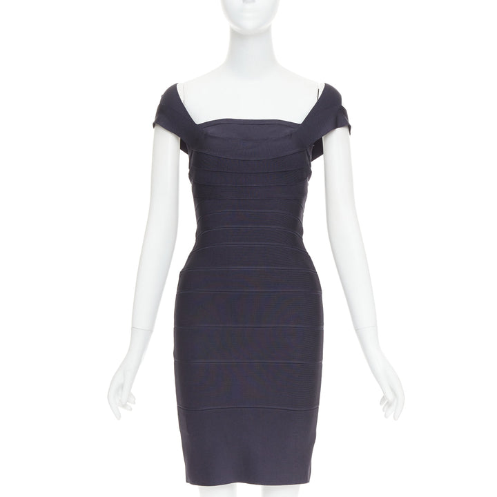 HERVE LEGER dark blue square neck bodycon bandage dress XXS
