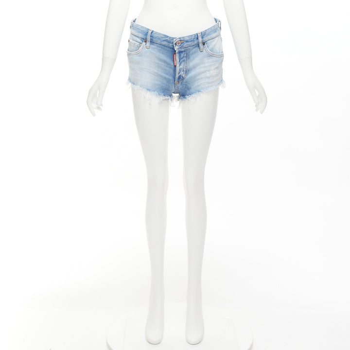 DSQUARED blue washed distressed logo patch frayed cut off booty shorts IT38 XS