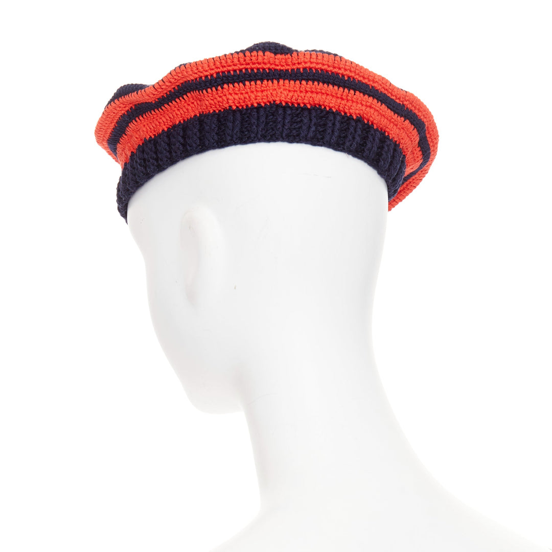 MIU MIU 2024 navy red white logo applique striped crochet knit beret hat M