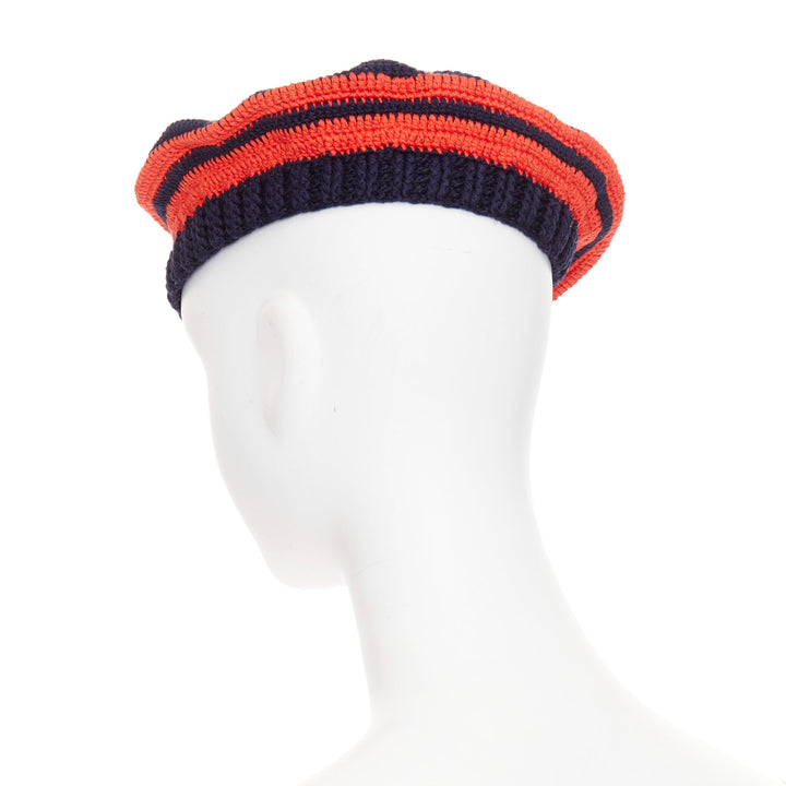 MIU MIU 2024 navy red white logo applique striped crochet knit beret hat M