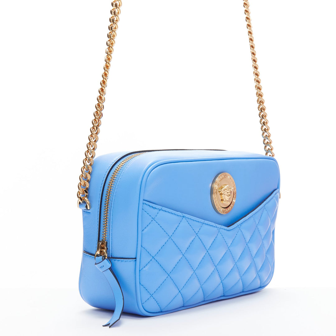VERSACE blue lambskin leather quilted gold Medusa chain crossbody bag Medium