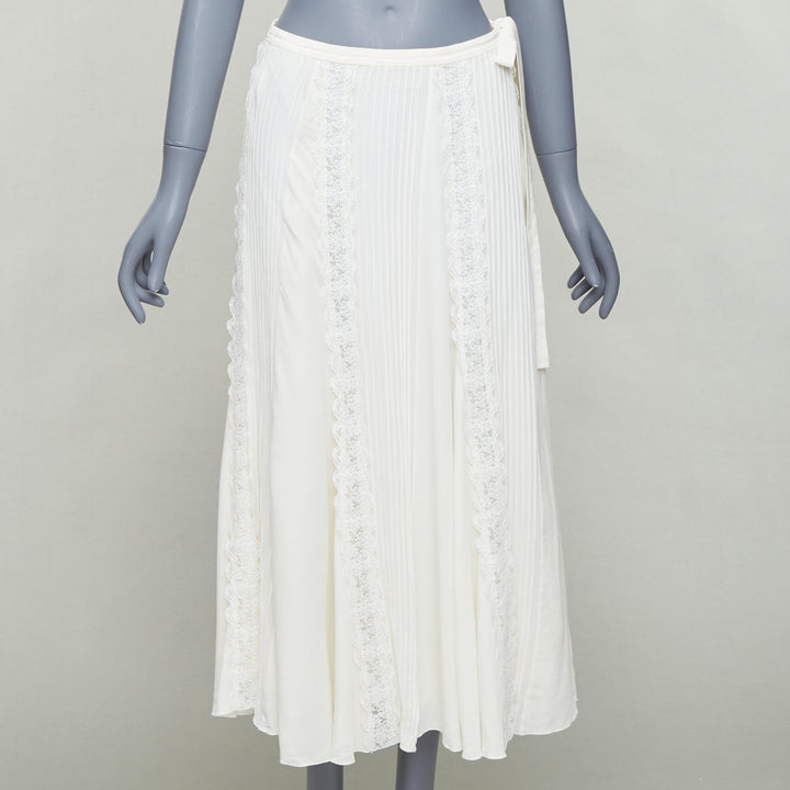 CHLOE Iconic Milk cream 100% silk lace trim pleated midi skirt FR36 S