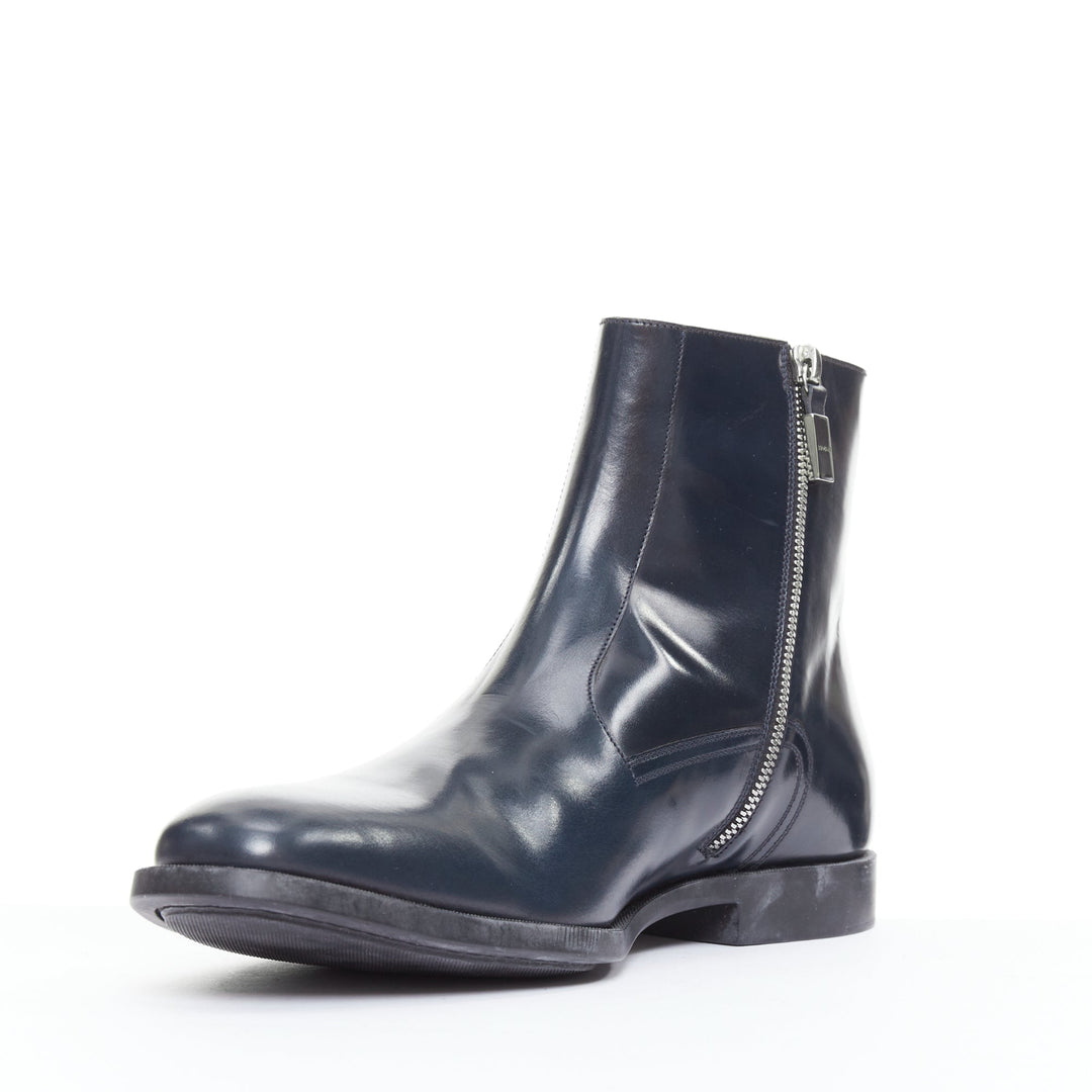 DIOR MEN midnight blue calfskin silver zip minimal ankle boots EU43