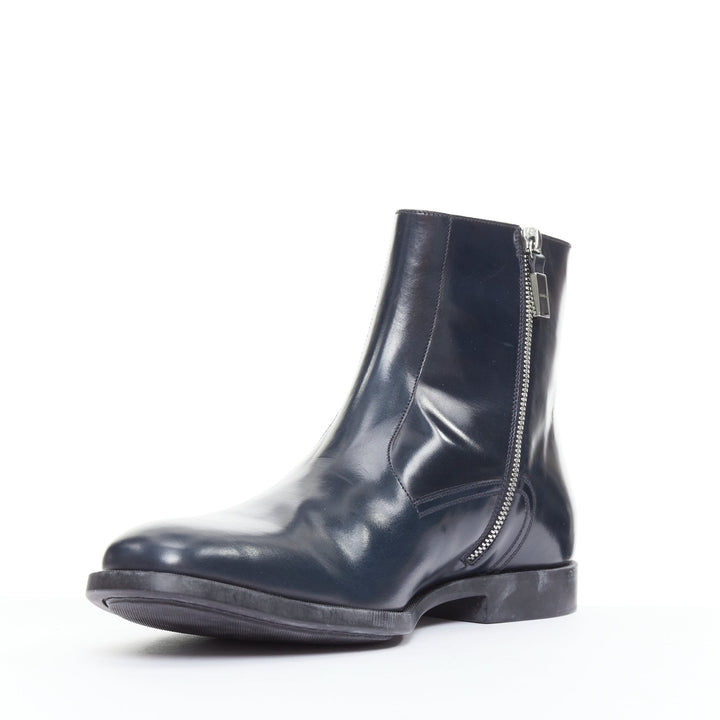 DIOR MEN midnight blue calfskin silver zip minimal ankle boots EU43