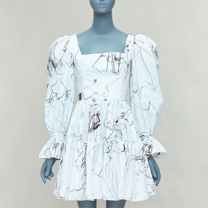 ALEXANDER MCQUEEN 2019 white black sketch illustration print puff sleeve dress IT38 XS