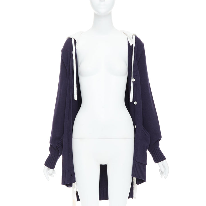 MONSE navy white cotton blend laced side hooded cardigan XS