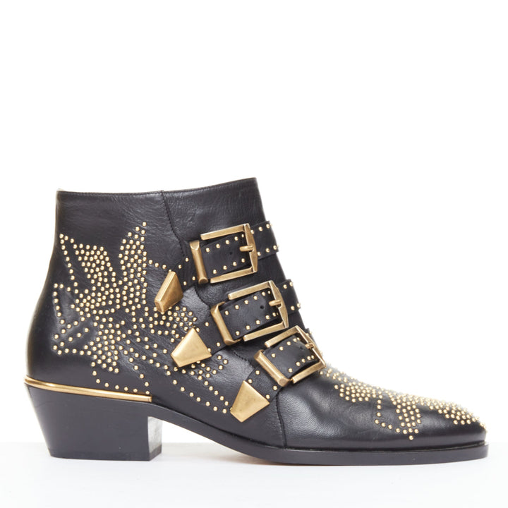 CHLOE Susanna black leather gold floral studded buckles grunge ankle boots EU36