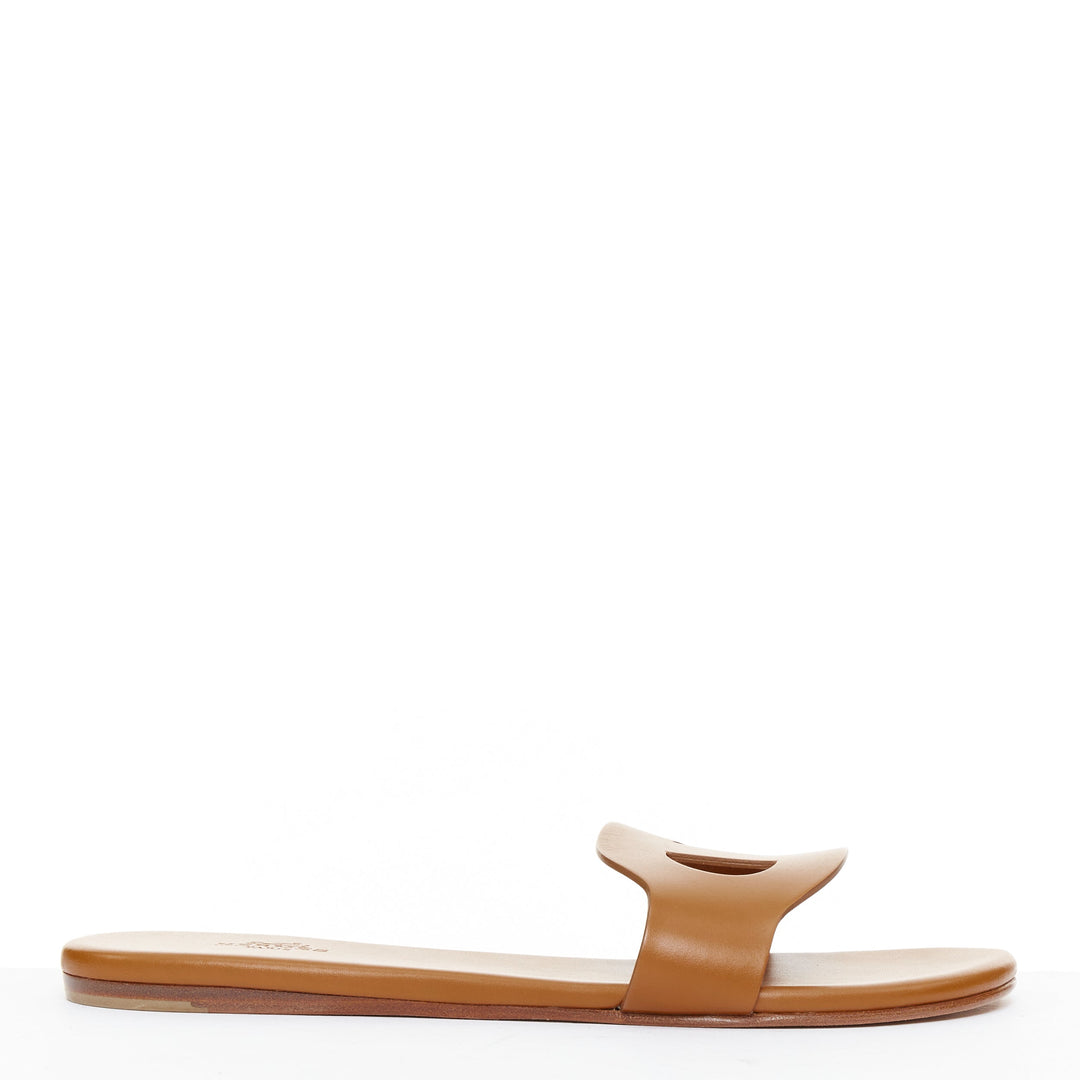 HERMES Lisboa Chaine d'Ancre brown leather cut out flat sandal slippers EU37.5