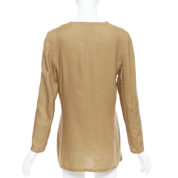 GIANFRANCO FERRE Vintage taupe cashmere silk v neck hand stitch tunic top IT42 M