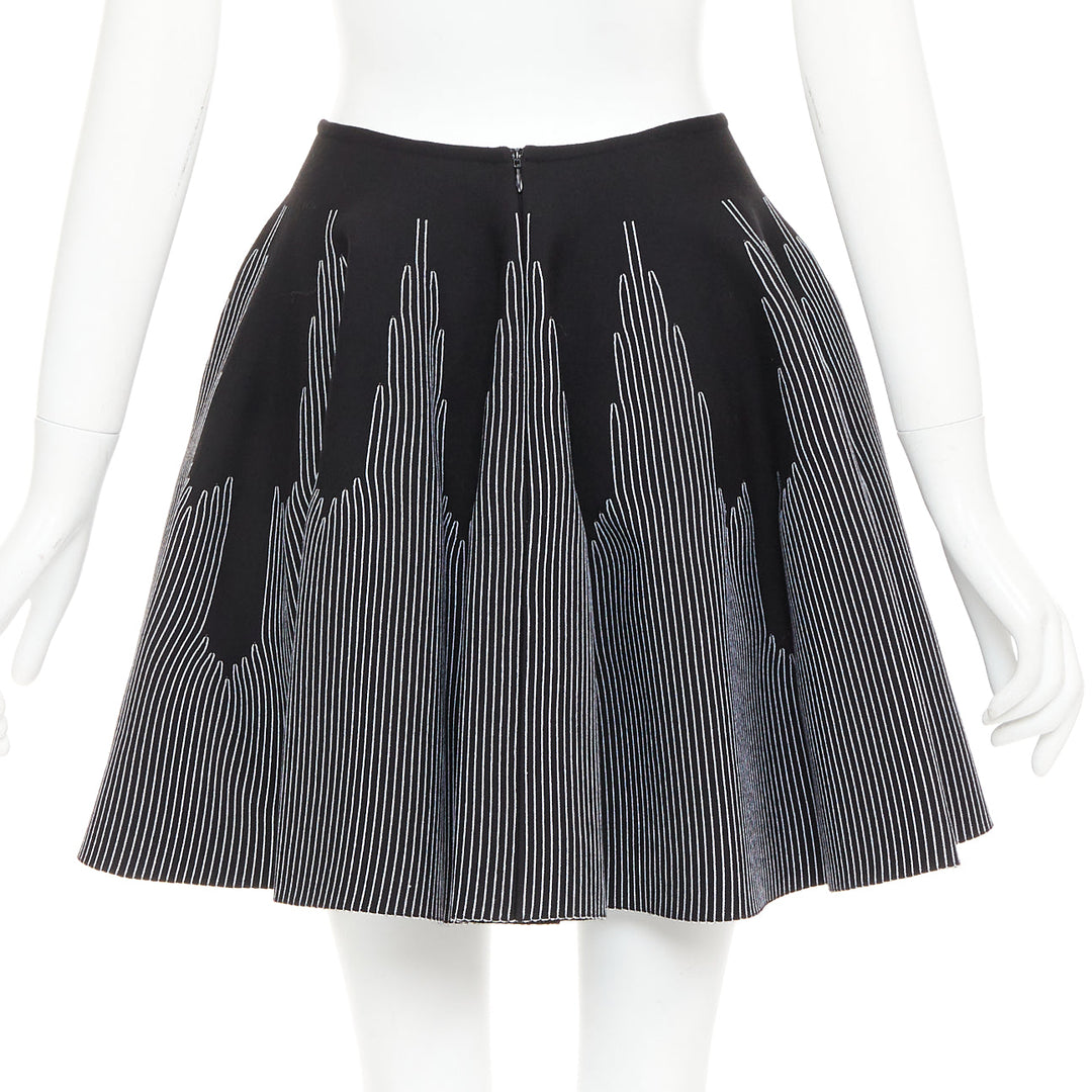 ALAIA black white wool blend topstitch flared high waist skater skirt FR38 M