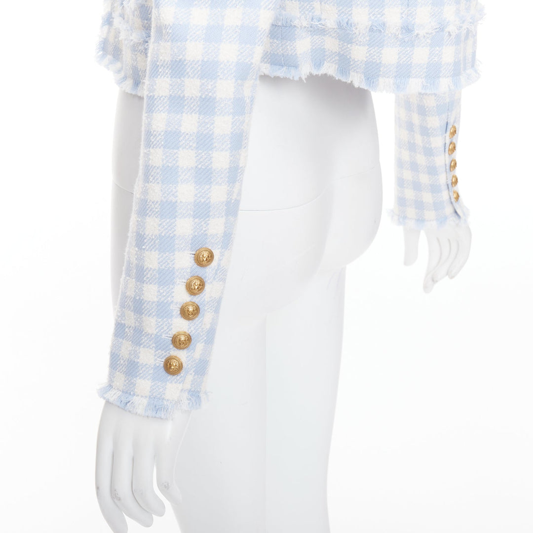 BALMAIN light blue white plaid tweed trim 4 pocket cropped jacket FR34 XS