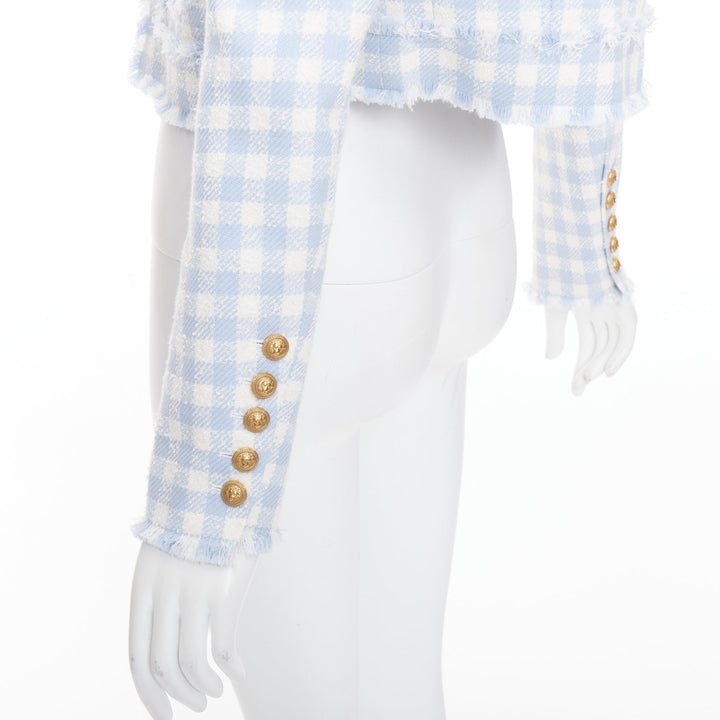 BALMAIN light blue white plaid tweed trim 4 pocket cropped jacket FR34 XS