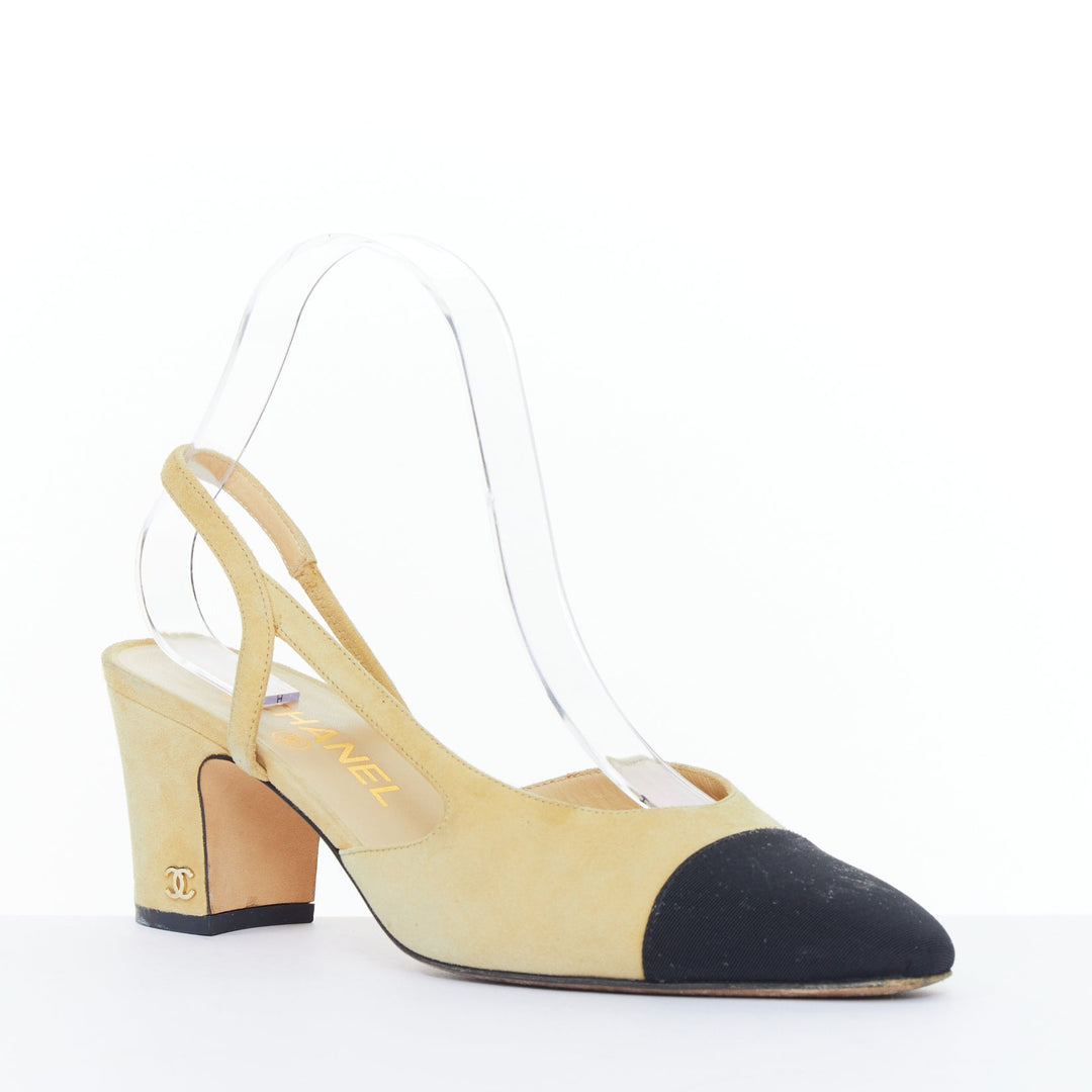 CHANEL Runway beige suede black grosgrain cap toe slip on slingback pumps EU38