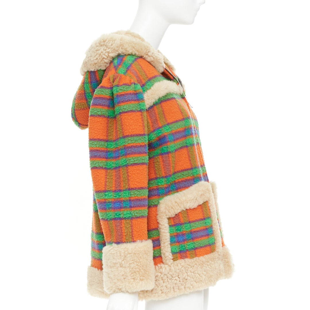 MIU MIU 2020 Plaid Casentino Shearling orange green fur trim boxy jacket IT38 XS