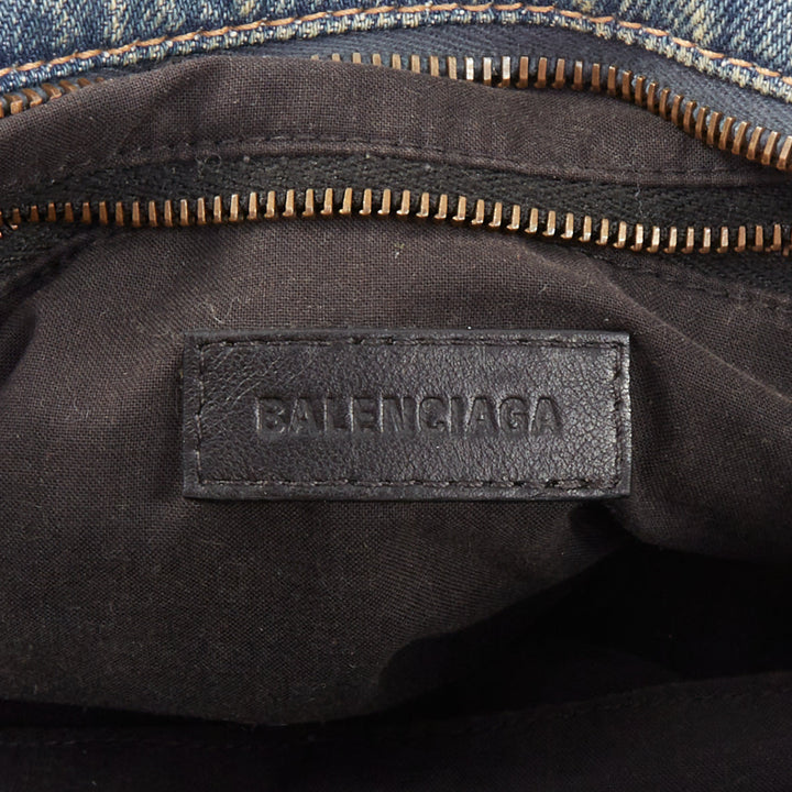 BALENCIAGA Le City Small blue washed denim gunmetal studded top handle bag