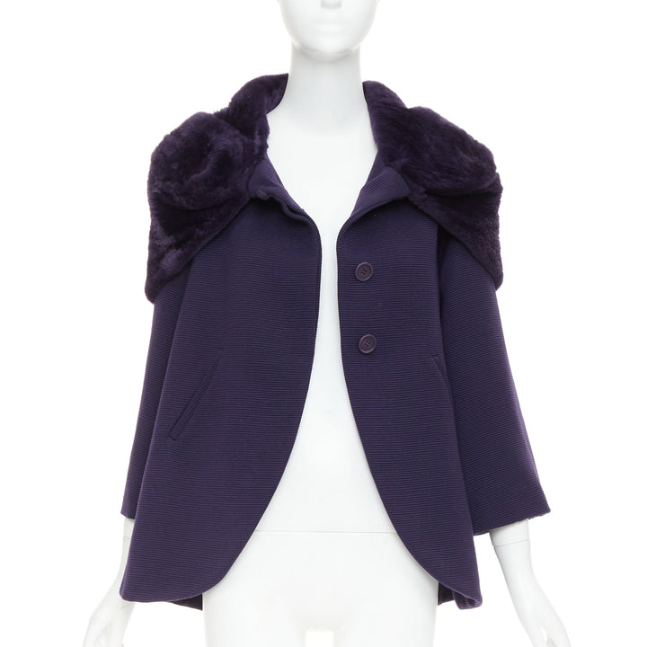 rare ROMEO GIGLI JOYCE pruple virgin wool plush fur collar swing coat IT38 XS