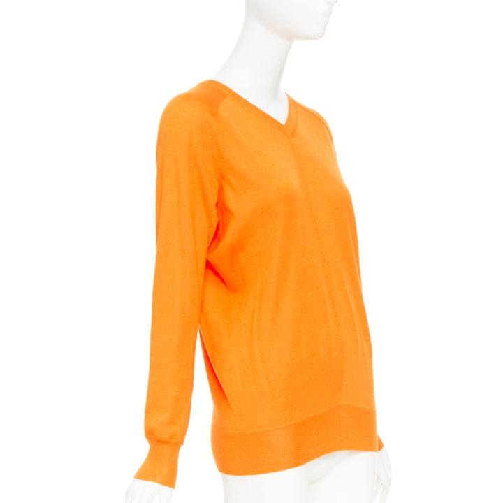 HERMES orange cashmere silk dual V-neck raglan sleeves sweater FR34 XS