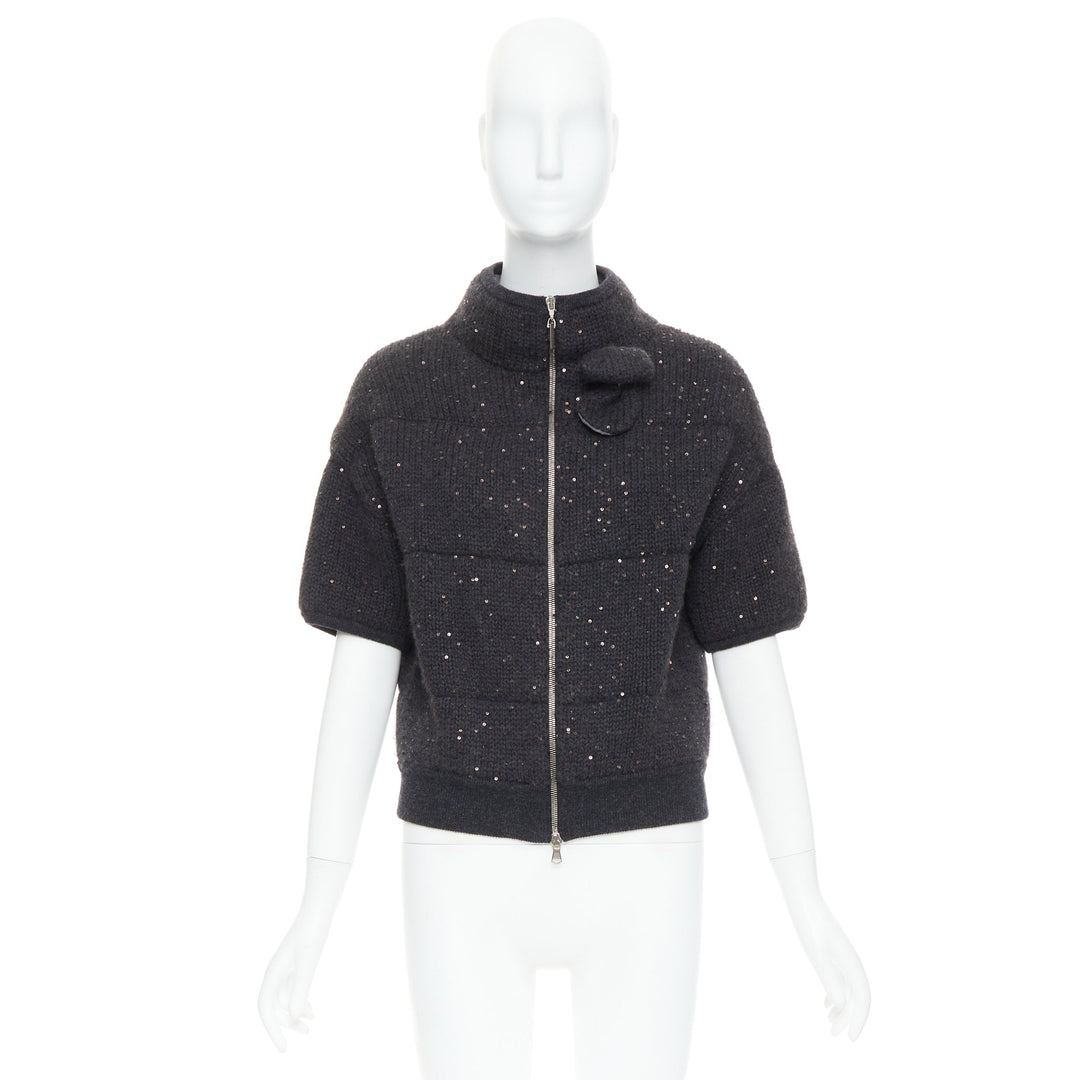 BRUNELLO CUCINELLI Cashmere dark grey sequin padded crop cardigan M