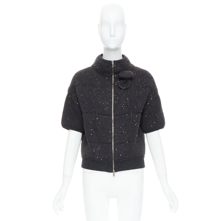 BRUNELLO CUCINELLI Cashmere dark grey sequin padded crop cardigan M