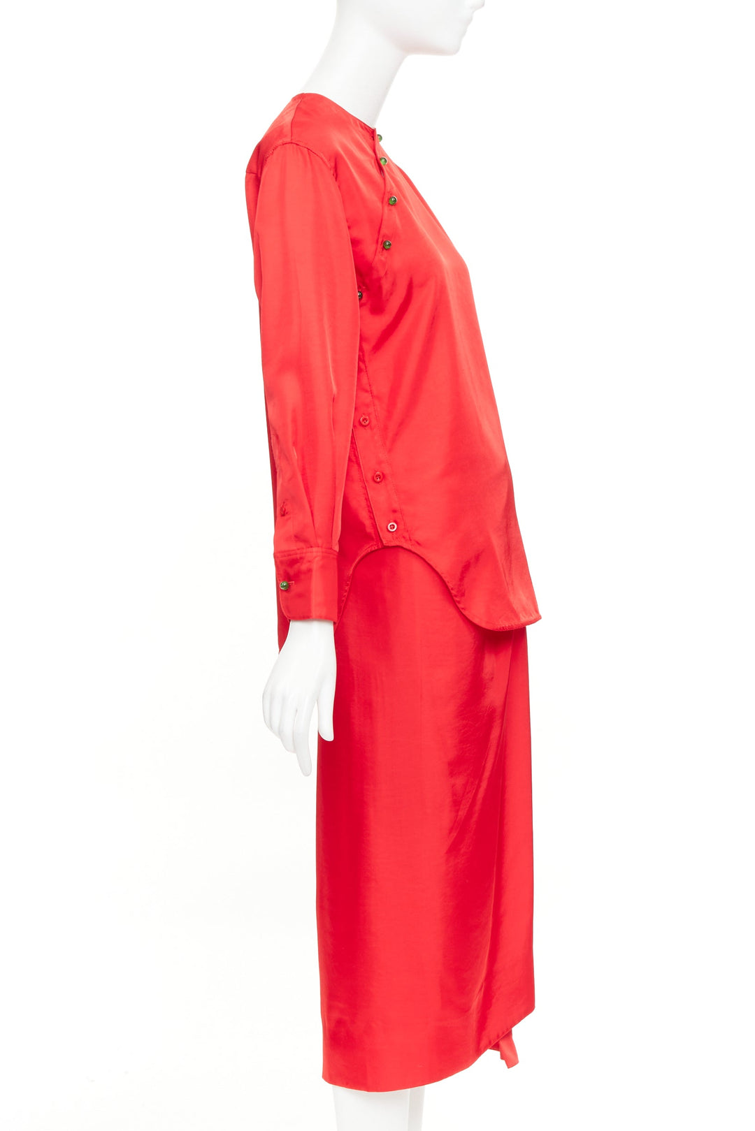 SAMUEL GUI YANG LABELHOOD red satin green button chinois sleeve top skirt set