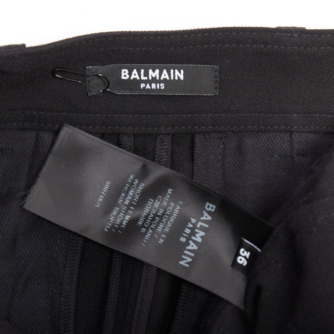 BALMAIN black wool gold logo button pocketed cargo shorts FR36 S