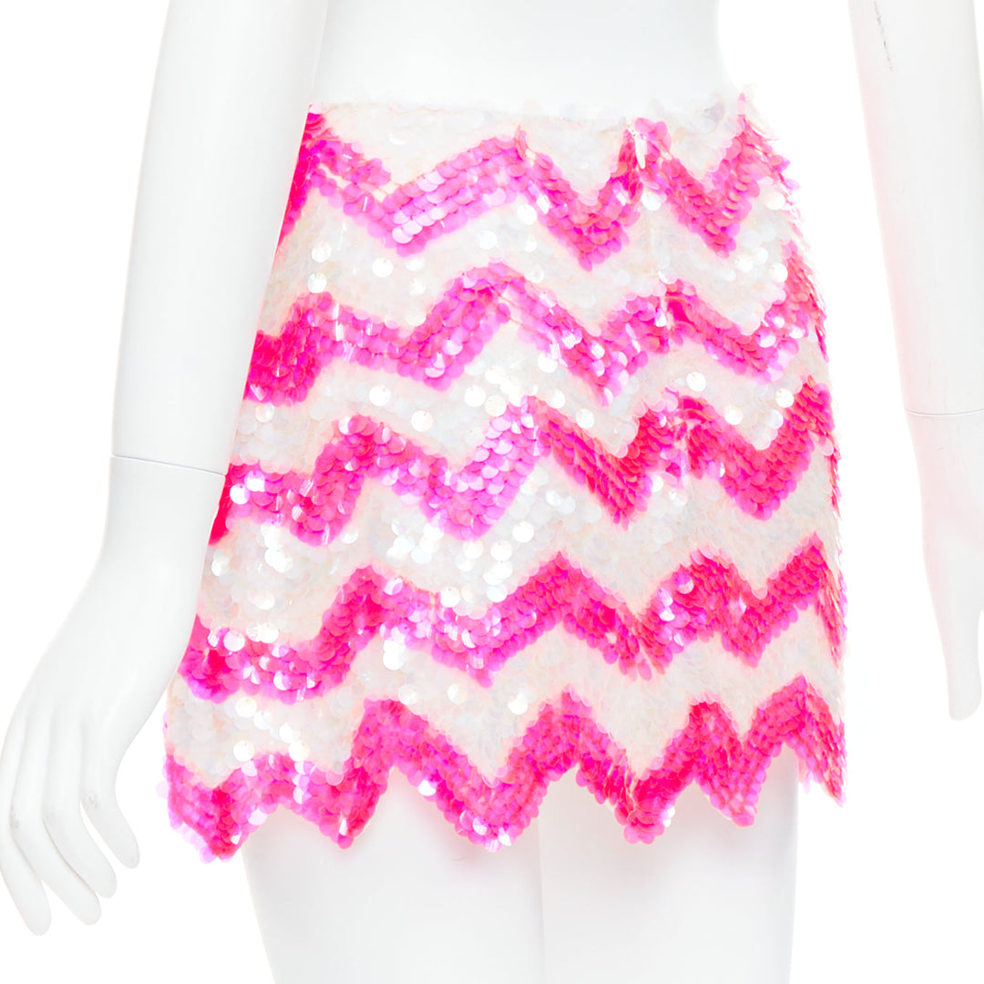 ASHISH white neon hot pink chevron paillettes sequin mini skirt XS