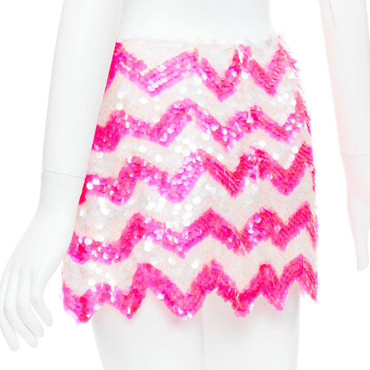 ASHISH white neon hot pink chevron paillettes sequin mini skirt XS
