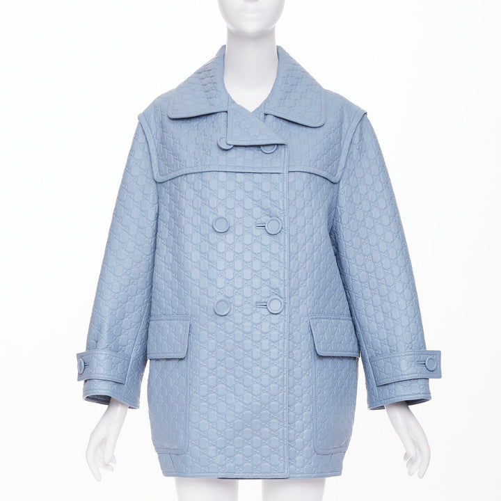 GUCCI 2024 Runway All Over Embossed GG Button Split Back blue leather coat IT38