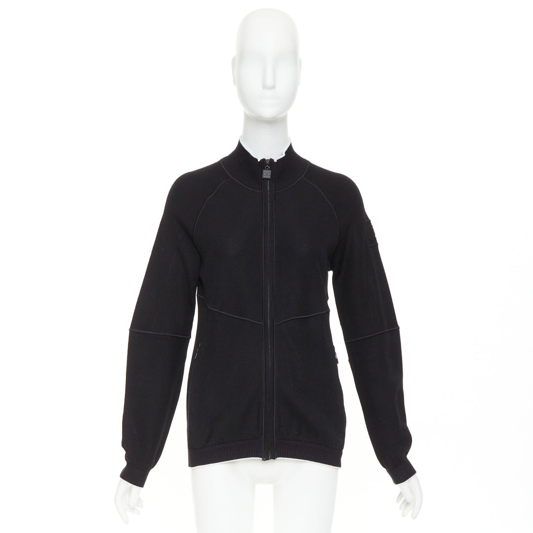 CHANEL SPORTS 09P black technical knit embroidered logo zip-up jacket FR40 L
