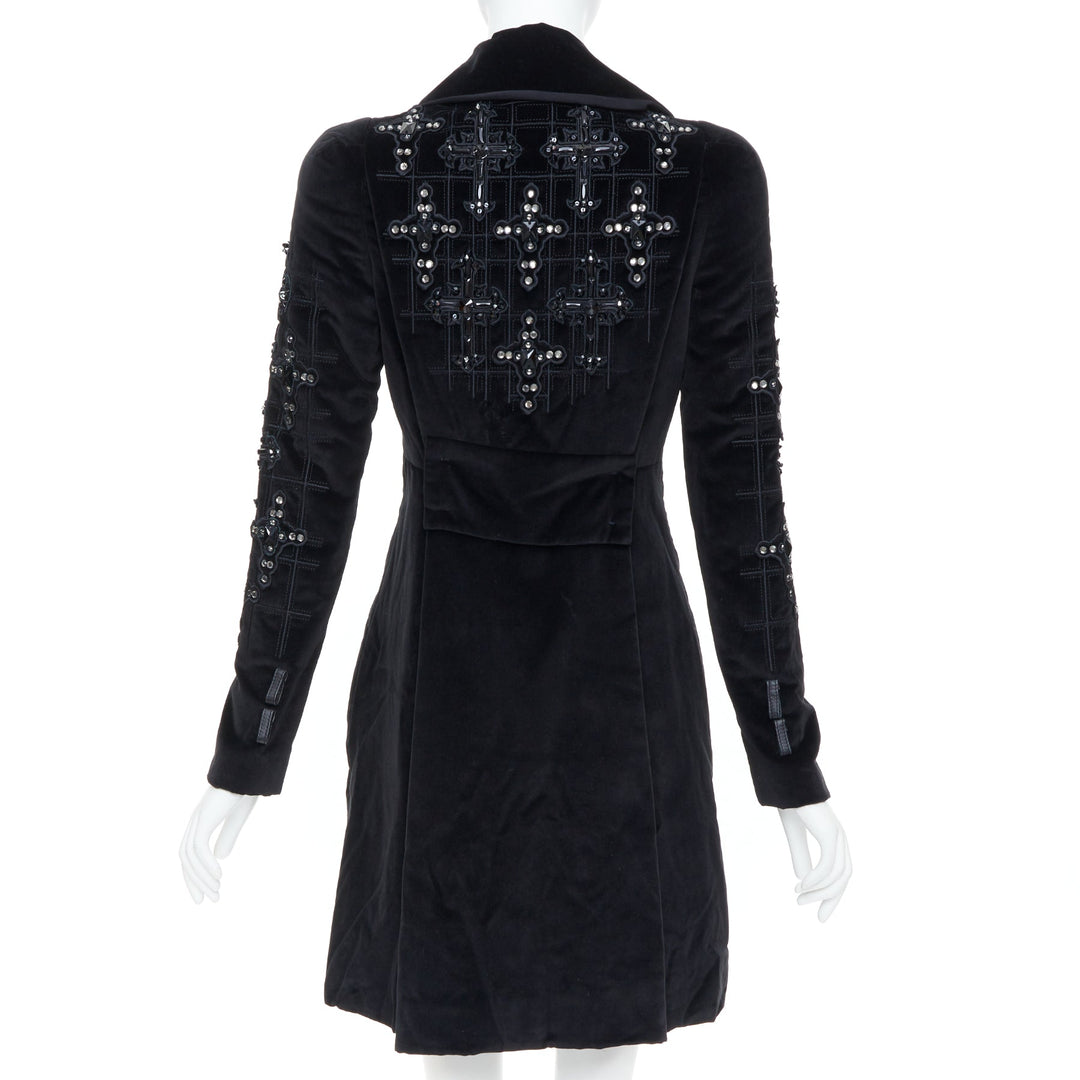 VERSACE 2012 runway black velvet gothic Byzantine cross flared zip coat IT38 XS