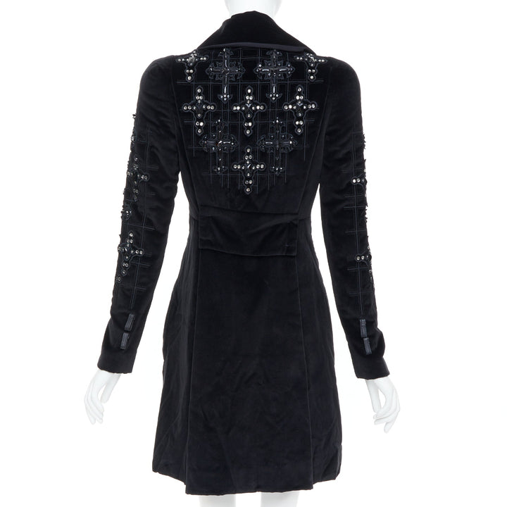 VERSACE 2012 runway black velvet gothic Byzantine cross flared zip coat IT38 XS