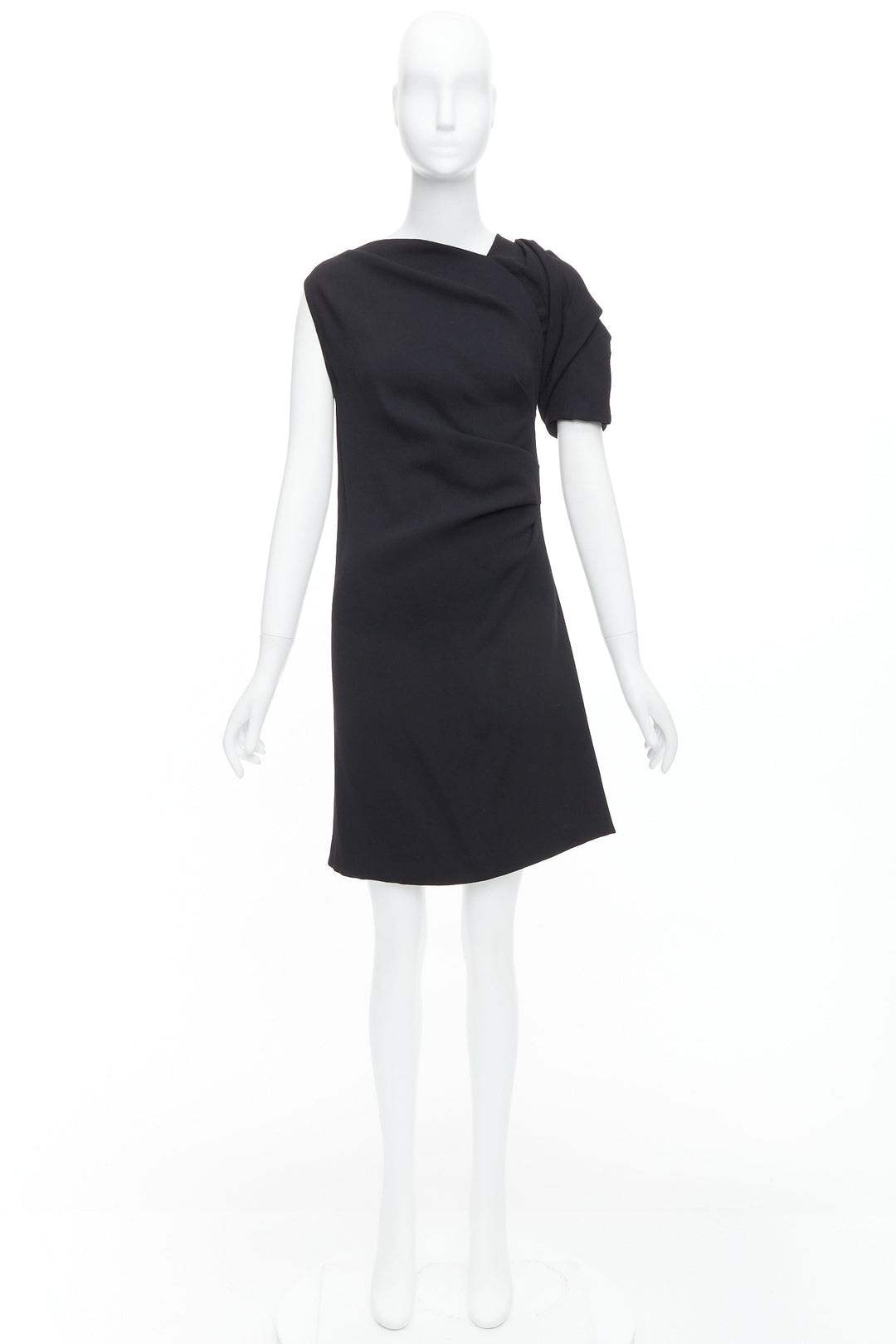 DRIES VAN NOTEN black wool blend asymmetric sleeve drape dress FR36 S