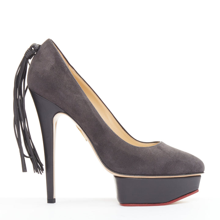 CHARLOTTE OLYMPIA Dark Horse tassel tail grey suede platform pumps EU37.5