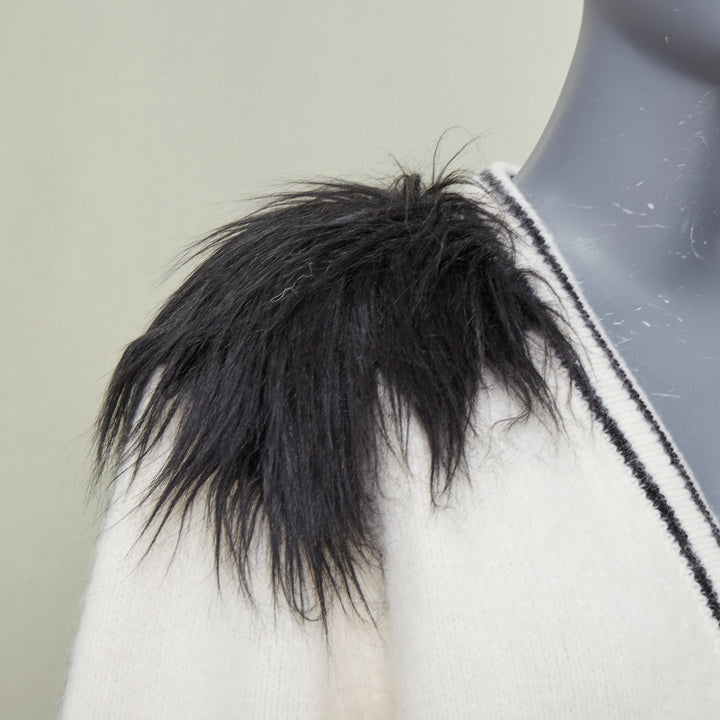 DOLCE GABBANA 2021 Runway faux fur panel logo alpaca knitwear cardigan IT38 XS