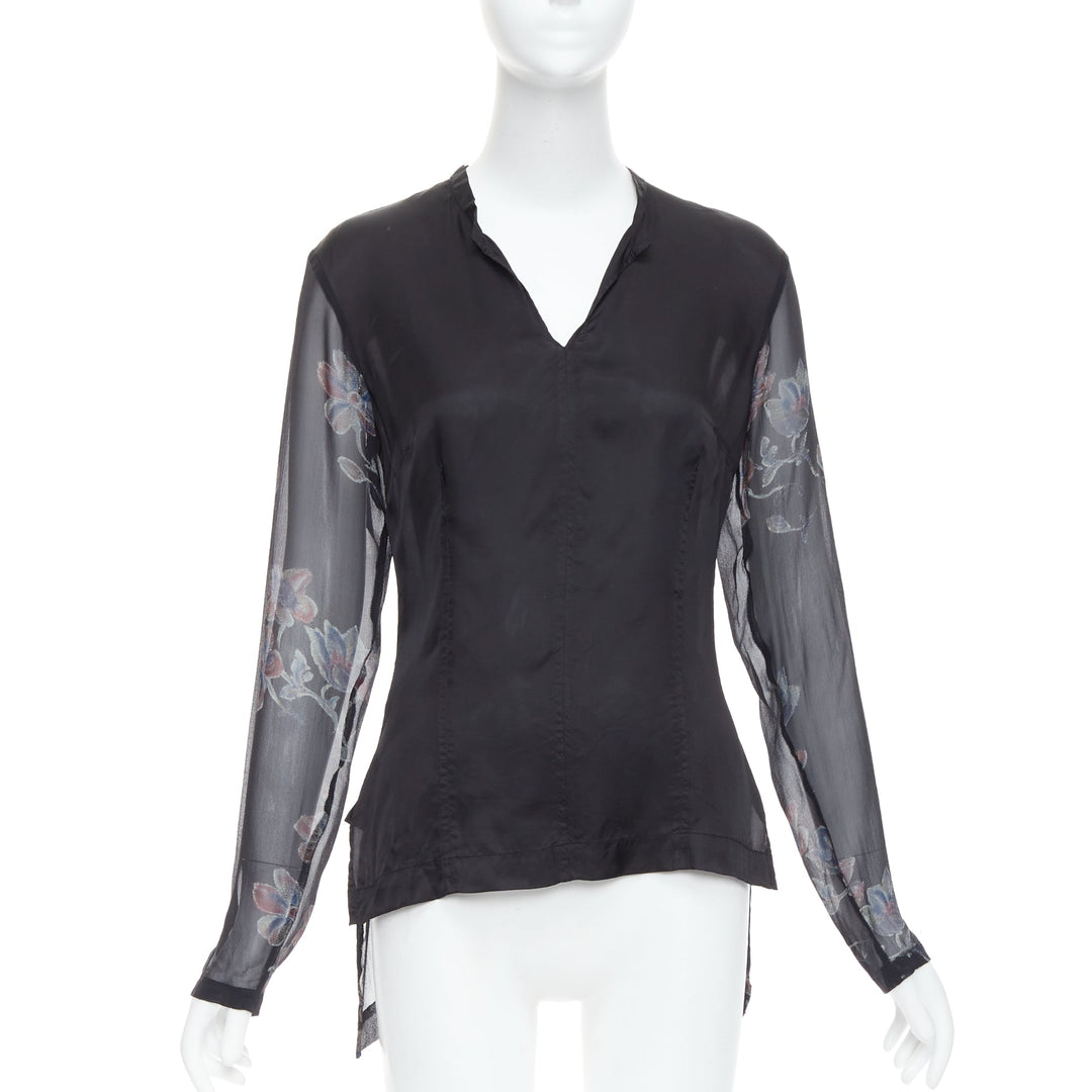 DRIES VAN NOTEN 1990s Vintage 100% silk floral sheer sleeve hi low blouse FR38 M
