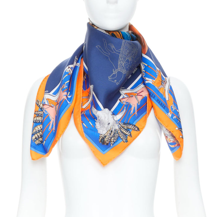 HERMES Pani La Shar Pawnee 90 Silk Twill orange royal blue square scarf