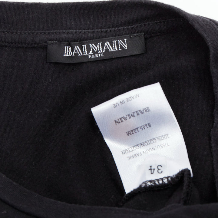 BALMAIN black cotton rolled cuff cap sleeve minimal tshirt FR34 XS