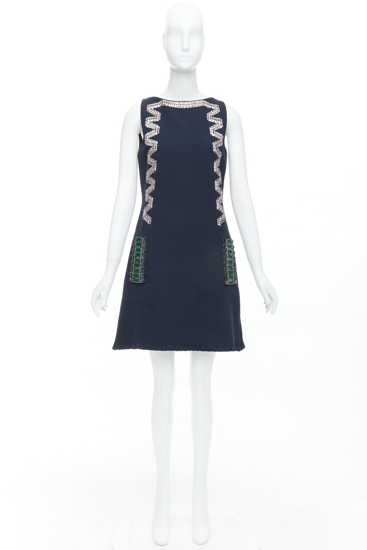 LANVIN 2015 navy cotton rhinestone embellished ribbon shift dress FR36 S